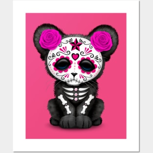 Pink Day of the Dead Sugar Skull Panther Cub Posters and Art